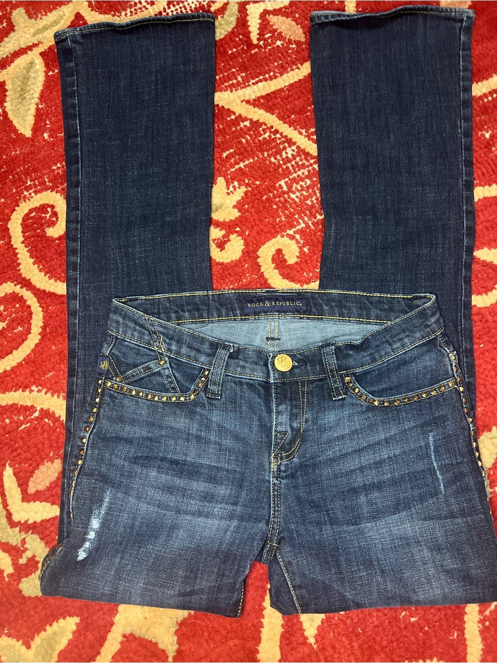 2000s women’s Rock & Republic Dark Blue Jeans with Gold Stud Trim